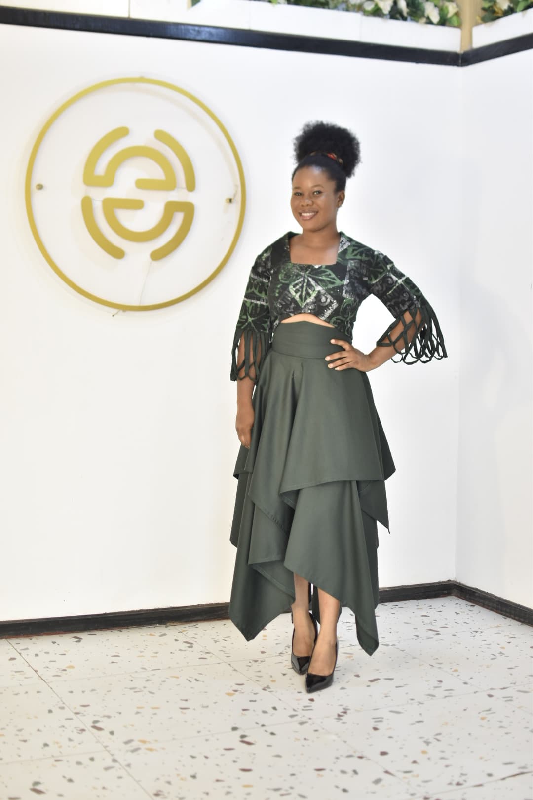 Student design — olive green layered dress